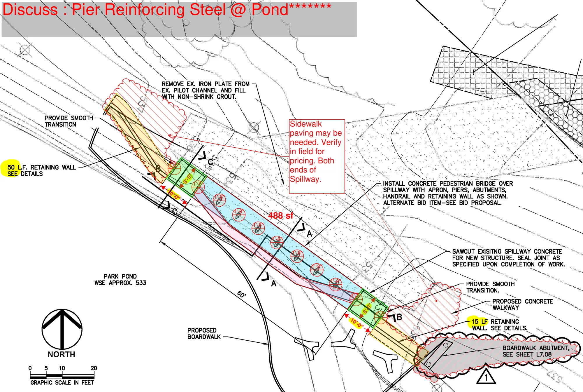 Civil plan of a concrete pedestrian bridge over a pond spillway, with the walkway shaded blue, eleven drilled pier locations circled in red, abutment boxes in green, retaining walls in yellow and a red note to discuss pier reinforcing steel at the pond.