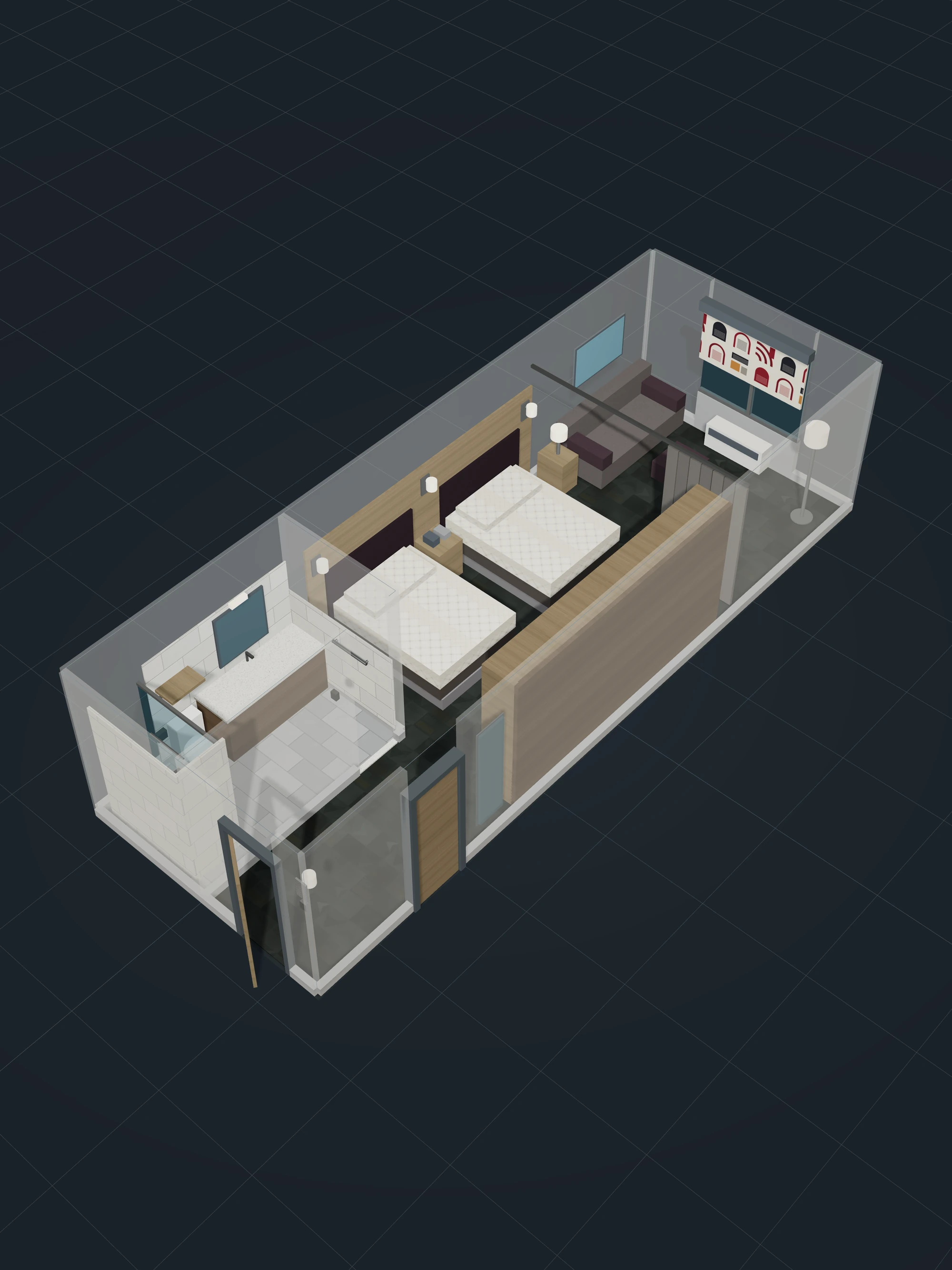 A cutaway 3D model of a long, narrow hotel room on a dark grid, seen from above at an angle: a tiled bathroom with vanity, mirror and glass shower at the entry end, two white queen beds against a wood and plum headboard wall, a tall wood working wall opposite with the wood connecting door beside it, and a sofa and a window with a patterned shade at the far end.