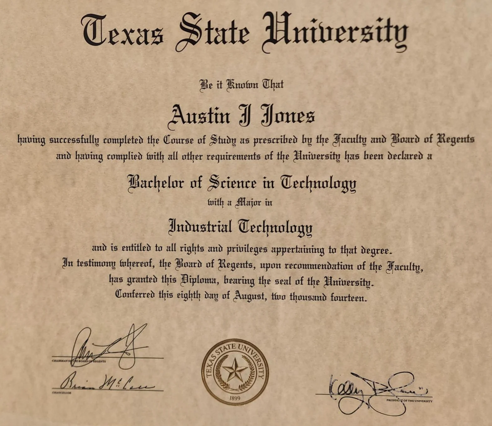 Photo of a Texas State University diploma for Austin J Jones, Bachelor of Science in Technology, major in Industrial Technology, with three signatures and the university seal.